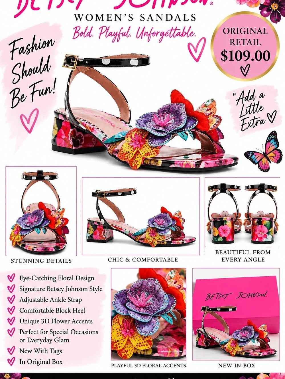 Betsey Johnson Maranda 3DFliral Sabdals NIB